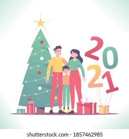 Merry Christmas Or Happy New Year Concept. Young Family Celebrating 2021 New Year Holiday, Vector Illustration