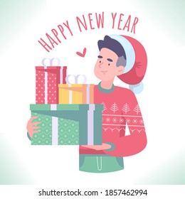 Merry Christmas or Happy New Year concept. Young man in ugly sweater holding Christmas gifts, vector illustration