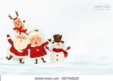 Feliz Navidad. Feliz año nuevo. Santa Claus con la Sra. Claus, reno, muñeco de nieve en el paisaje navideño de invierno de la nieve. Sra. Claus Juntos. Caricatura vectorial de Santa Claus. 