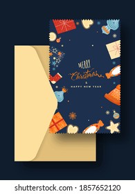 Merry Christmas & Happy New Year Card With Envelope On Blue Background.