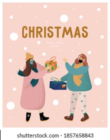 Merry Christmas and Happy New Year. Vector flat poster in cartoon style with girls in medical masks who exchanges gifts. Сhristmas during the coronavirus pandemic. Exchange of Christmas gifts.