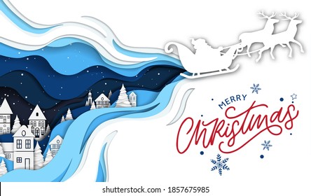 Merry Christmas Happy New Year greeting card illustration of winter xmas village  papercut style. landscape at night with santa claus sled, santa claus flying with reindeer sleigh city