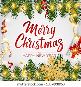 Merry Christmas and Happy New Year. Background with realistic pine branches, shining garlands, glitter gold snowflakes, candy canes, gifts box, serpentine. Christmas poster, greeting card, banner