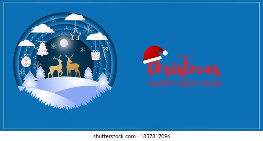 Merry Christmas and Happy New Year banner, X-mas, pine tree , christmas moon, glitters, sparkling background poster, greeting card, holiday, beautiful deer Papercut effect with golden touch