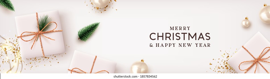 Feliz Navidad y Feliz Año Nuevo encabezado o banner. Xmas El diseño de fondo ilumina la guirnalda, caja de regalo realista, bolas blancas y confeti dorado brillante. Afiche de Navidad, verde de las vacaciones