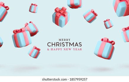 Merry Christmas And Happy New Year. Background With Realistic Festive Gifts Box. Xmas Present. Blue Boxes Fall Effect. Holiday Gift Surprise Banner, Web Poster, Flyer, Stylish Brochure, Greeting Card