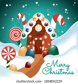 
Merry Christmas and Happy New Year, gingerbread house with sweets, party invitation, New Year banner, postcard or poster