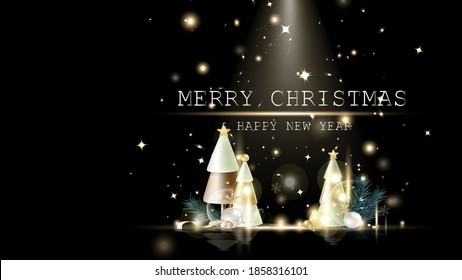 Merry Christmas and Happy New Year, celebration, gold and luxury black background with stars shimmer and sparkle elements decoration vector illustration
