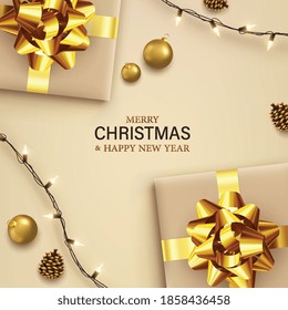 Merry Christmas and Happy New Year banner with gold gift boxes, garlands, shiny confetti, pinecones. Christmas greeting card, cover poster, holiday banner, greeting card, brochure, top view.