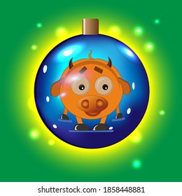 Merry Christmas and Happy New Year ball.Ox in glass blue bubbles and tinsel. Cartoon vector illustration for greeting cards on green background.