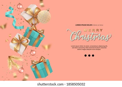 Merry Christmas and Happy New Year sale banner. Background design of gifts box, realistic Xmas balls and glitter gold confetti