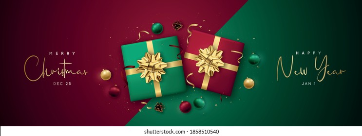 Merry Christmas and Happy New Year banner in red and green colors. Realistic gift boxes with golden bows. Festive banner for promo designs and special offers. Stock vector illustration.