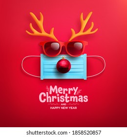 Merry Christmas & Happy New Year Poster or banner with Symbol of reindeer from Medical Mask,red sunglasses,antler and chritmas ball for Retail,Shopping or Christmas Promotion.