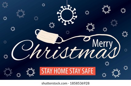 Merry Christmas and happy new year, 2021. Noel, banner, frame, header, background or greeting card design. Covid 19, protecting himself with a surgical mask. Pandemic, flu, corona.