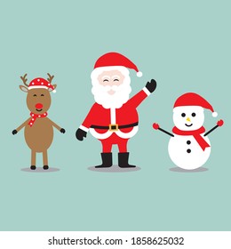 Merry Christmas and Happy New Year with Santa Claus, reindeer, snowman.