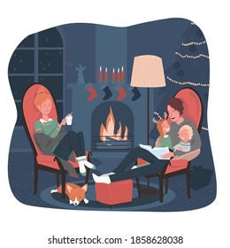 Merry Christmas, Happy New Year! Family time at home. Parents and children sit in armchairs by the Christmas fireplace, dad reads a fairy tale to the children, mom drinks hot chocolate.