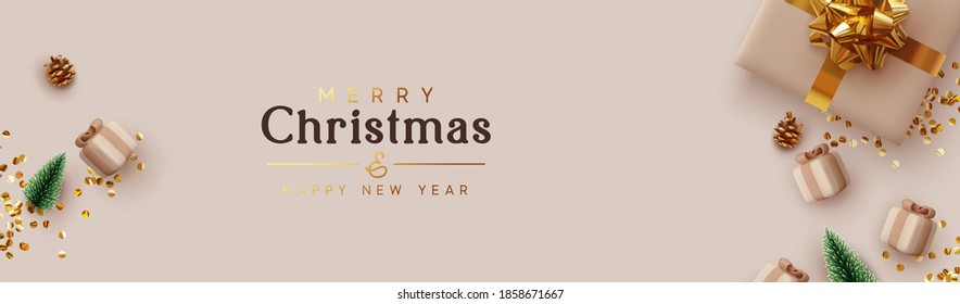 Merry Christmas and Happy New Year website header or banner. Xmas background design realistic gift box, green pine, pine cone of the Christmas tree, golden confetti glitter. Horizontal poster