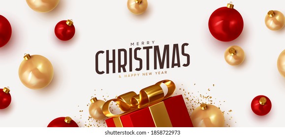 Merry Christmas and Happy New Year. Xmas Background with realistic decoration baubles balls, red and golden, gold glitter confetti. Holiday Gift box. Greeting card, banner, poster. Vector illustration