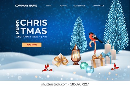 Merry Christmas and Happy New Year banner. Winter season homepage design. Snowy night scene with gifts, a bird sitting on a candy cane and an old lantern