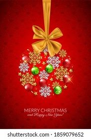 Merry Christmas Happy New Year decorative postcard, baubles and fir branches decoration background, vector illustration