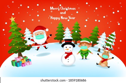 Merry Christmas and Happy new year with socail distancing. Happy Christmas companions with Santa Claus and Elf and Riandeer and snowman of vector.