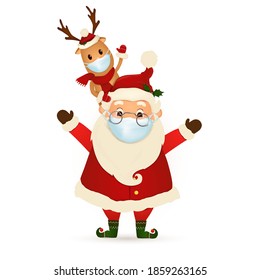 
Merry Christmas. Happy new year. Funny Santa Claus with cute red-nosed Reindeer with medical mask isolated. Vector cartoon character of Santa Claus.