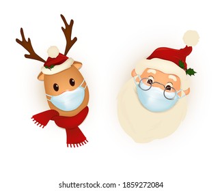 Merry Christmas. Happy new year. Vector illustration of Santa claus and reindeer wearing a  medical face mask during the pandemic.