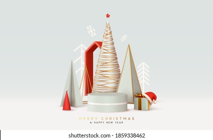 Merry Christmas and Happy New Year. Abstract minimal design, geometric Christmas trees, gift box, empty round Realistic stage, podium, Xmas studio. Winter holiday background. website header or banner