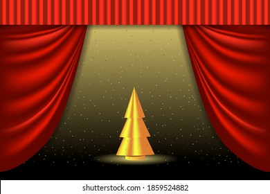 Merry Christmas and Happy New Year illustration. Golden Christmas Tree on the theater stage