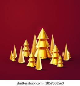 Merry Christmas and Happy New Year background. Abstract vector design with 3d realistic golden metallic conical Christmas tree on red background. Greeting card, banner, poster with Christmas decoratio