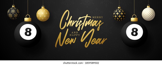 Merry Christmas and Happy New Year luxury Sports greeting card. Billiard ball as a Christmas ball on black background. Vector illustration.