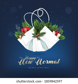 Merry Christmas and happy new year, 2021. Noel, banner, frame, header, background or greeting card design. Covid 19, protecting himself with a surgical mask. Pandemic, flu, corona.