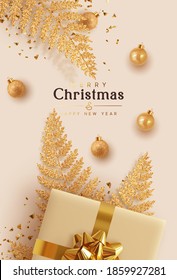 Merry Christmas and Happy New Year. Xmas background design realistic gifts box, golden fern branches, bauble ball. Christmas poster, holiday banner, flyer, stylish brochure, greeting card.