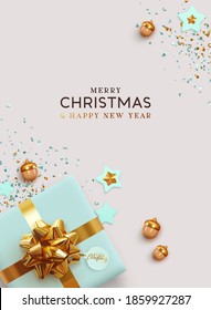 Merry Christmas and Happy New Year. Background Xmas design realistic gifts box, festive decorative objects. flat lay top view. Christmas poster, holiday banner, flyer, stylish brochure, greeting card