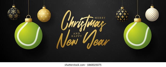 Merry Christmas and Happy New Year luxury Sports greeting card. Tennis ball as a Christmas ball on black background. Vector illustration.