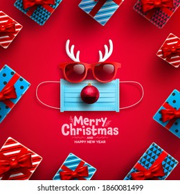 Merry Christmas & Happy New Year Poster or banner with gift box and Symbol of reindeer from Medical Mask,red sunglasses,antler and chritmas ball for Retail,Shopping or Christmas Promotion.