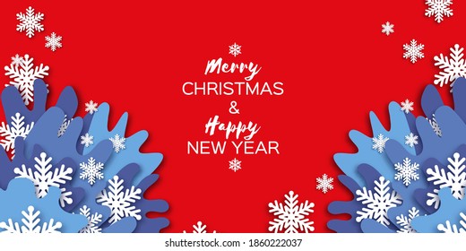 Merry Christmas and Happy New Year. White snowflakes paper cut style. Space for text. Snow splash. Winter time. Holidays. Red background.