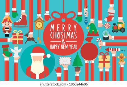 Merry Christmas and Happy New Year greatings concept modern design flat with Santa Claus. Vector illustration