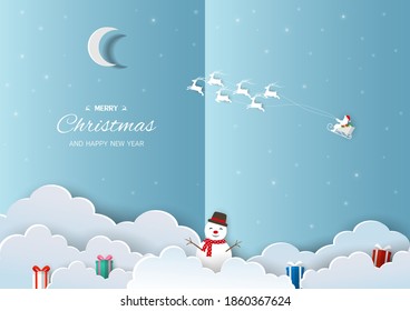 Merry Christmas and Happy new year greeting card,Santa Claus flying on sleigh pulled by reindeer on night winter background,vector illustration