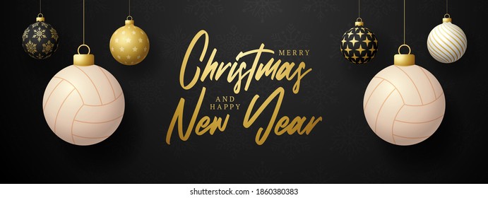 Merry Christmas and Happy New Year luxury Sports greeting card. volleyball ball as a Christmas ball on black background. Vector illustration.