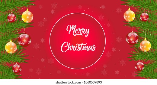 Merry Christmas and Happy New Year background. Christmas tree branches with New Year's toys on a red background. Vector illustration