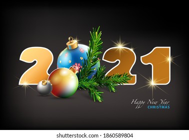 Merry Christmas, Happy New Year golden numbers. 2021. Background objects festive decorative gold and blue with stars balls. Christmas surprise. Christmas tree branch, pine. Invitation greeting card