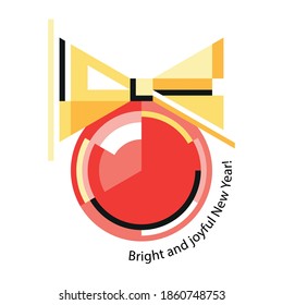 Merry Christmas and Happy New Year! Greeting card in minimal geometric design with red Christmas ball and golden ribbon on white background. 