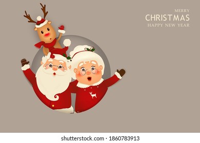 
Feliz Navidad. Feliz año nuevo. El gracioso Papá Noel con la Sra. Claus, reno de nariz roja. Sra. Claus Juntos. Caricatura de vacaciones en invierno. Vector.