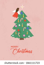 Merry Christmas and Happy New Year. Christmas tree with decorations and angel on top. Vector illustration.