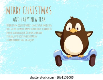 Fröhliche Weihnachten und Frohe Neujahrskarte, kleiner Pinguin-Ausgleich auf Segway, Vektorgrafik. Reiten von Tieren auf modernen Transportmitteln. Eco-Roller im Flachstil