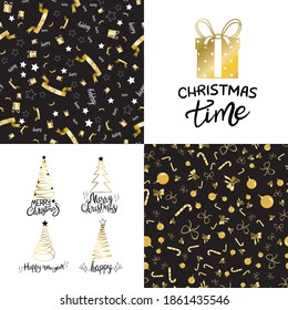 Merry Christmas and Happy New Year typography set. Holiday related lettering templates for greeting cards, overlays, decoration.