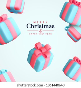 Feliz Navidad y Feliz Año Nuevo. Fondo con caja de regalos festivos realistas. Navidad presente. Cae efecto de las cajas azules. Banner sorpresa de regalo de vacaciones, afiche web, volante, folleto elegante, tarjeta de saludo