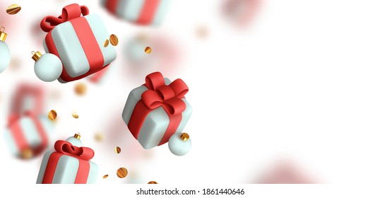 Merry Christmas and Happy New Year. Background with realistic festive gifts box. Xmas present. Blue boxes fall effect blur motion, Holiday gift surprise, Christmas baubles balls, glitter gold confetti