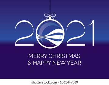 Merry Christmas and Happy New Year 2021 white inscription on a blue background with hanging ball vector. 2021 Sign on a blue background vector. New Year 2021 Poster with hanging christmas bauble icon